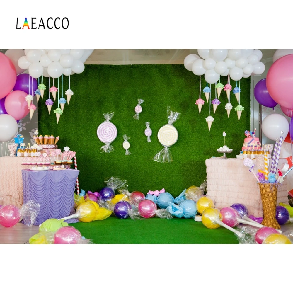 

Laeacco Green Wall Balloons Candy Clouds Baby Birthday Photography Background Customized Photographic Backdrops For Photo Studio