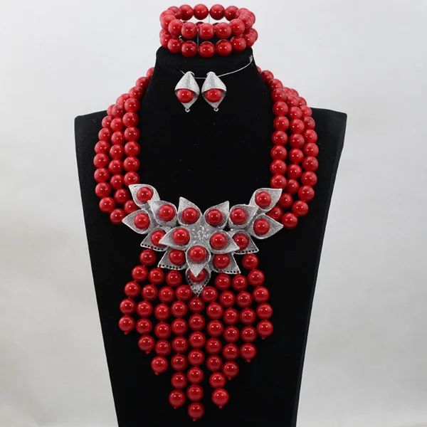 

Latest Fashion 2017 Bride Gift Splendid Red African Beaded Jewelry Set Wedding Bib Statement Necklace Set Free Shipping ABH290