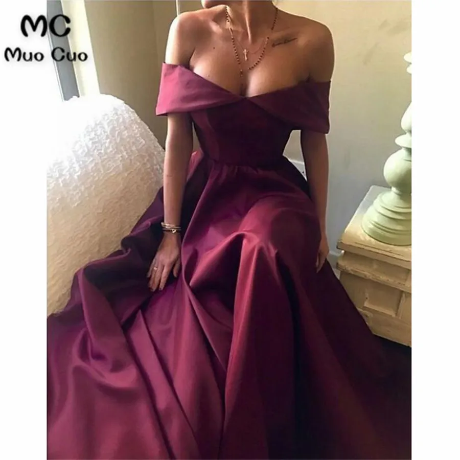 

Burgundy 2018 Off Shoulder Evening Dresses Long Satin Floor Length Zipper Back Formal Evening Party Dress for Women