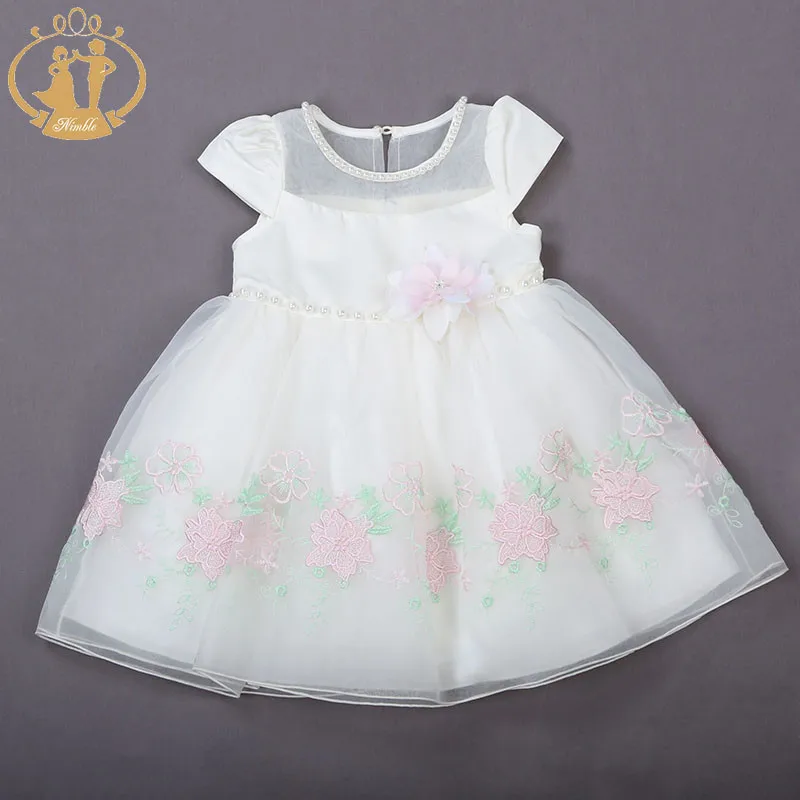 Nimble bé cô gái ăn mặc cotton satin mid-bê không tay cô gái mặc màu hồng ngà flower beading o-cổ công chúa bên váy