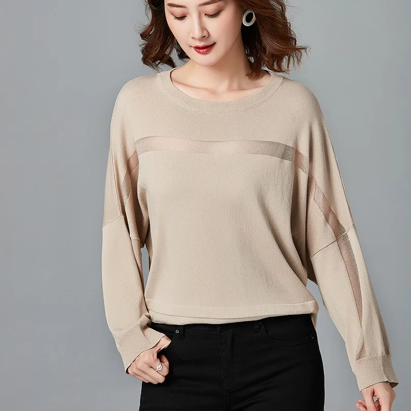 Autumn Elegant Women Sweaters And Pullovers Long Sleeved Solid Patchwork Organza See Through 