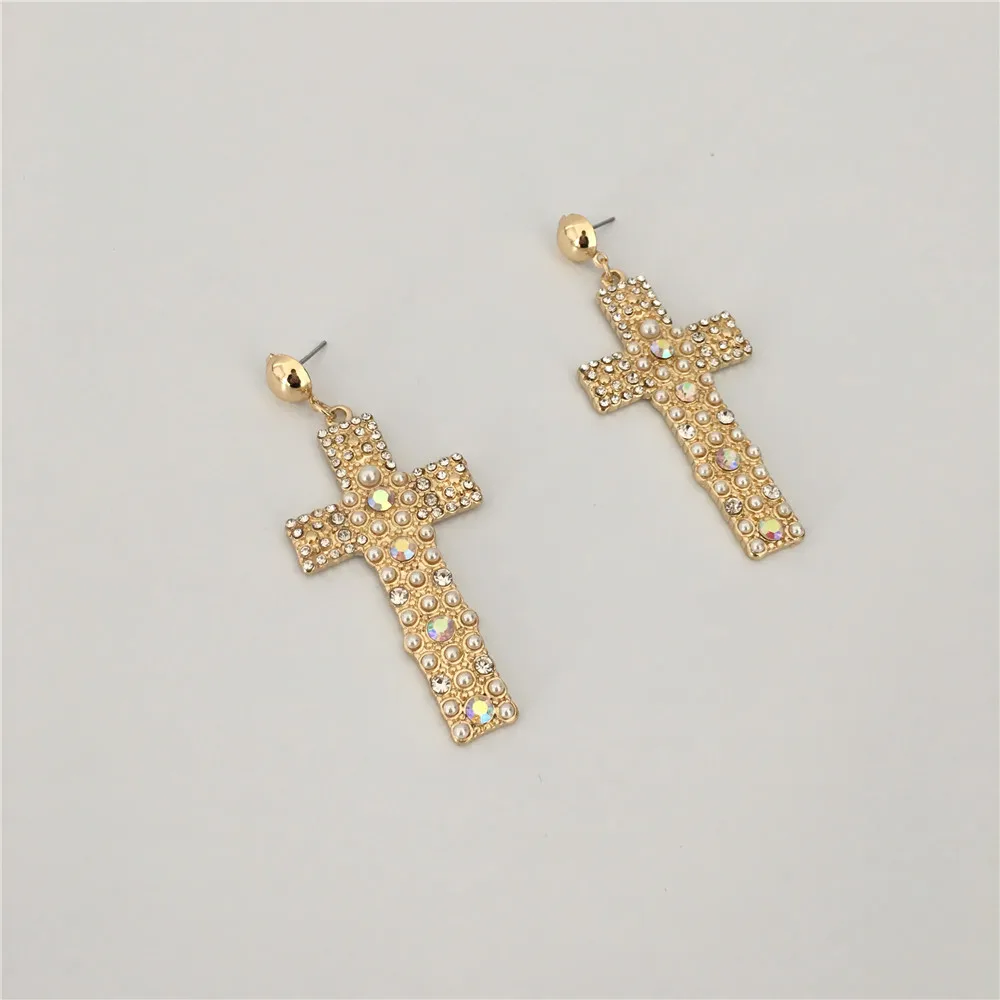 

FASHION JEWELRY LOVELY GOLD COLOR PLATING IRIDESCENCE STONE CROSS STUD EARRINGS
