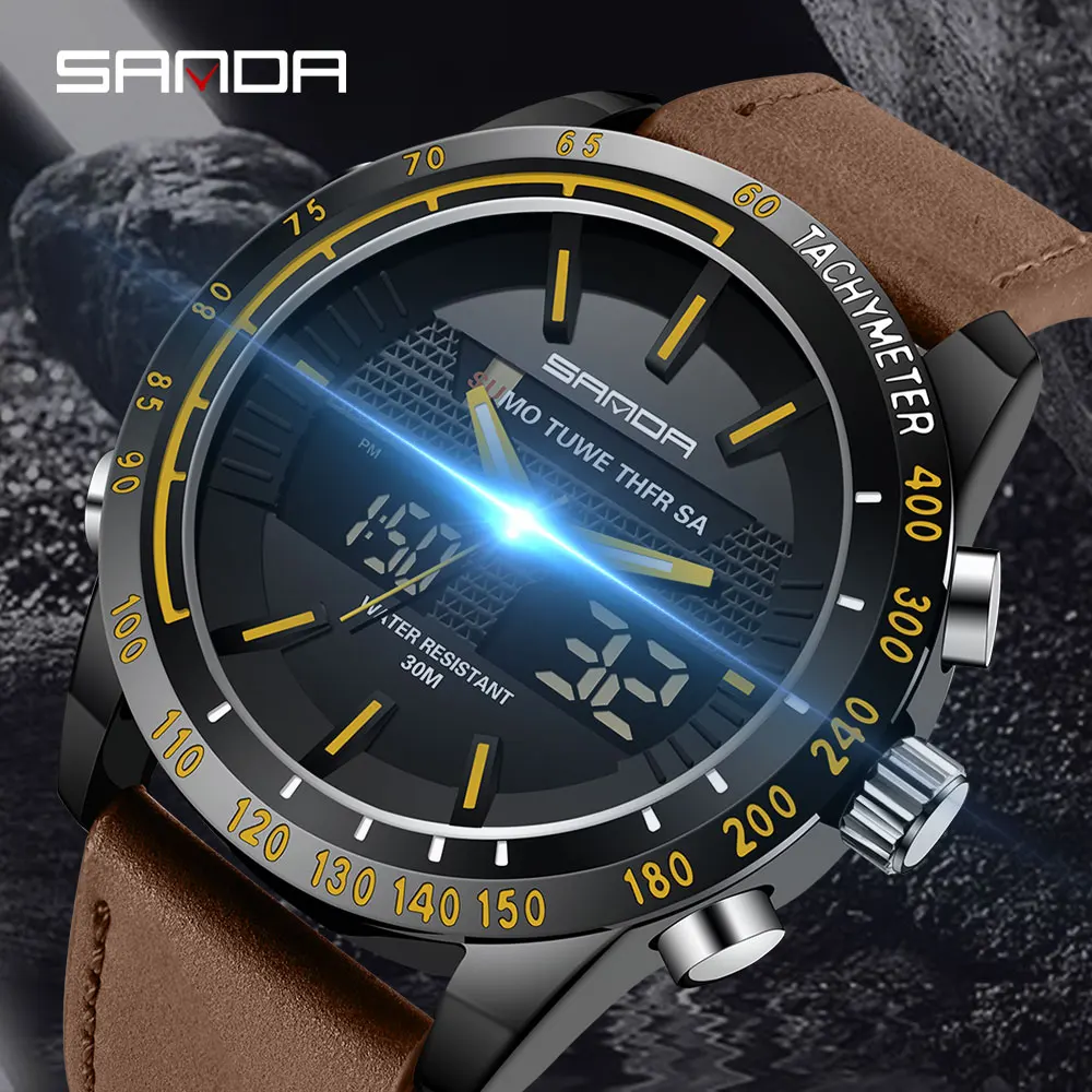 To Luxury Brand SANDA Men Leather Sports Watches Military Waterproof Quartz LED Digital Clock Mens