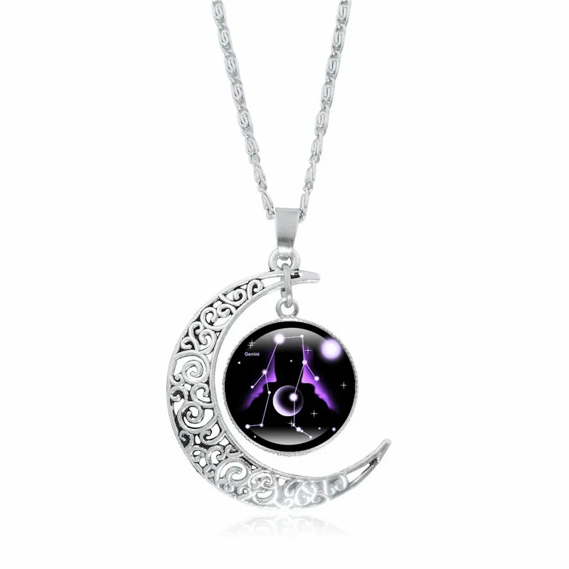 XUSHUI XJ 12 Созвездие стекло кабошон кулон ожерелье серебро полумесяц ювелирные изделия цепь ожерелье для женщин Девушка семья подарки - Окраска металла: Gemini