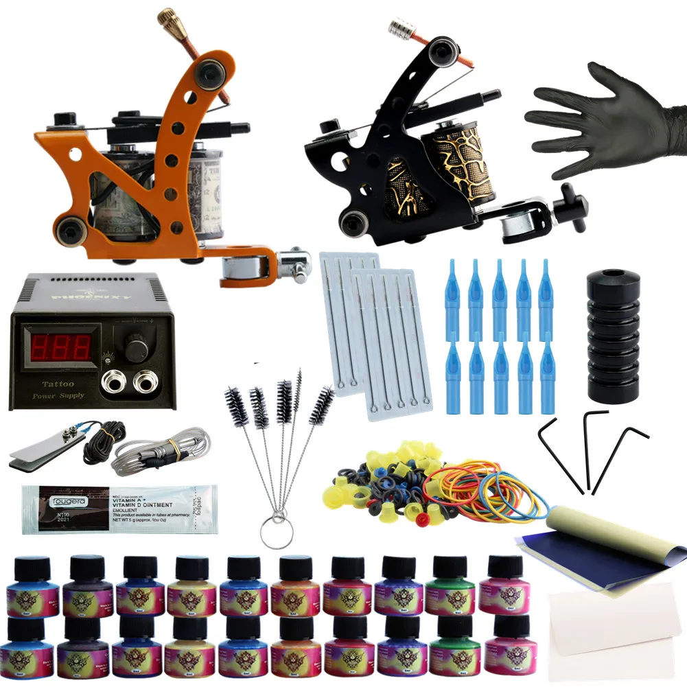 Complete Tattoo Kit 2 Tattoo Machines Set 20 Colors Tattoo Ink LCD