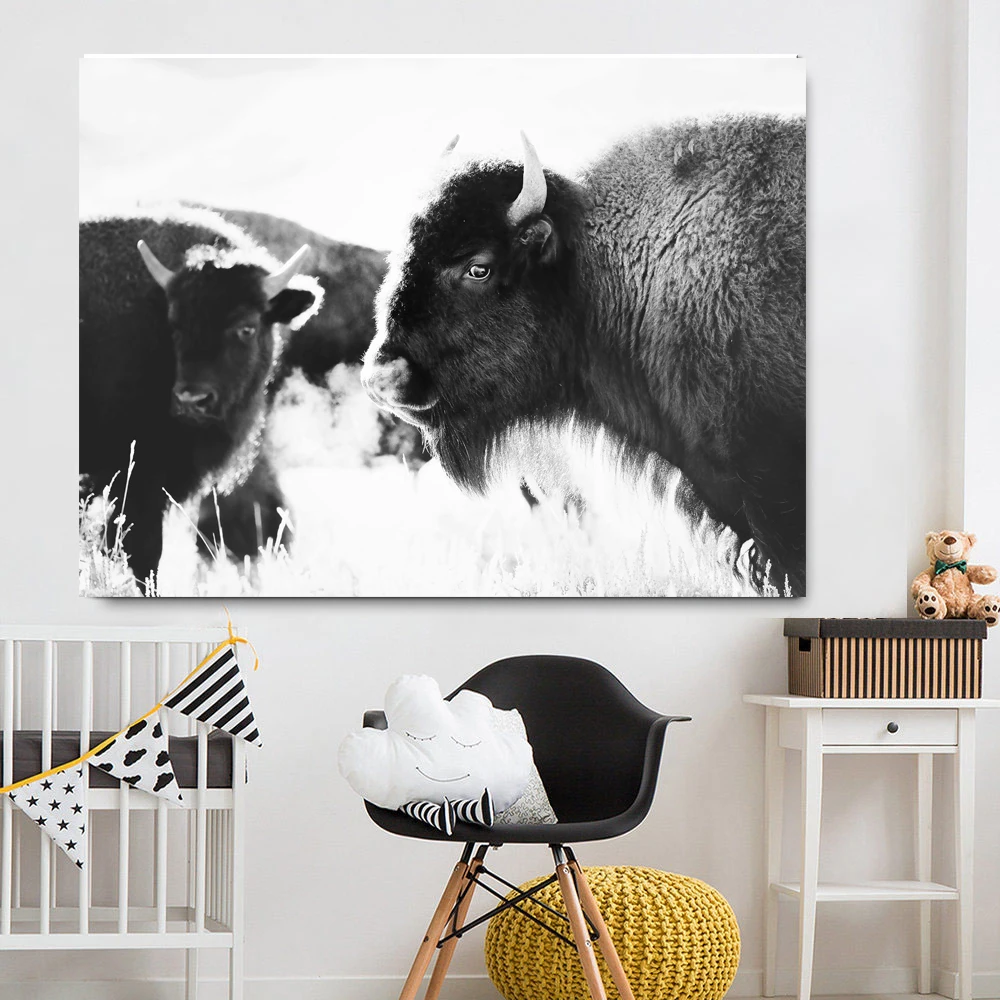 Black and White Highland Cow Cattle Wall Canvas Art Nordic Painting Poster and Print Scandinavian Wall Picture for Living Room