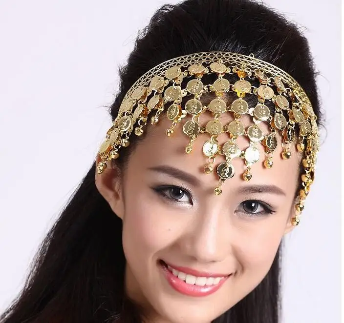 

Womens Tribal India Belly Dance Headband Gypsy Jewelry Golden Coin Clips Hair Decoration Free Shipping