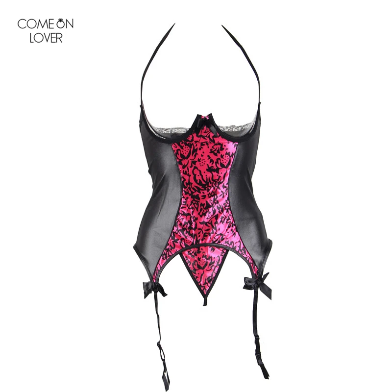 Comeonlover Rosy And Black Leather Halter Open Cup Bustier Plus Size Lingerie Sexy RY70134 2018 Woman Erotic Sexy Lingery