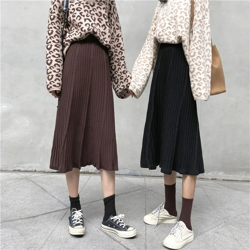 Winter Women Midi Skirts Korean Casual Ladies Solid Knitted Knit Thick A-line Flare High Waist Sweater Skirt Women