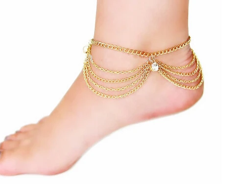 

Wholesale Women Summer Sandy Beach Charms Tassel Crystal Gold Color Anklet Toe Ankle Bracelet Chain Hot Foot jewelry Gifts