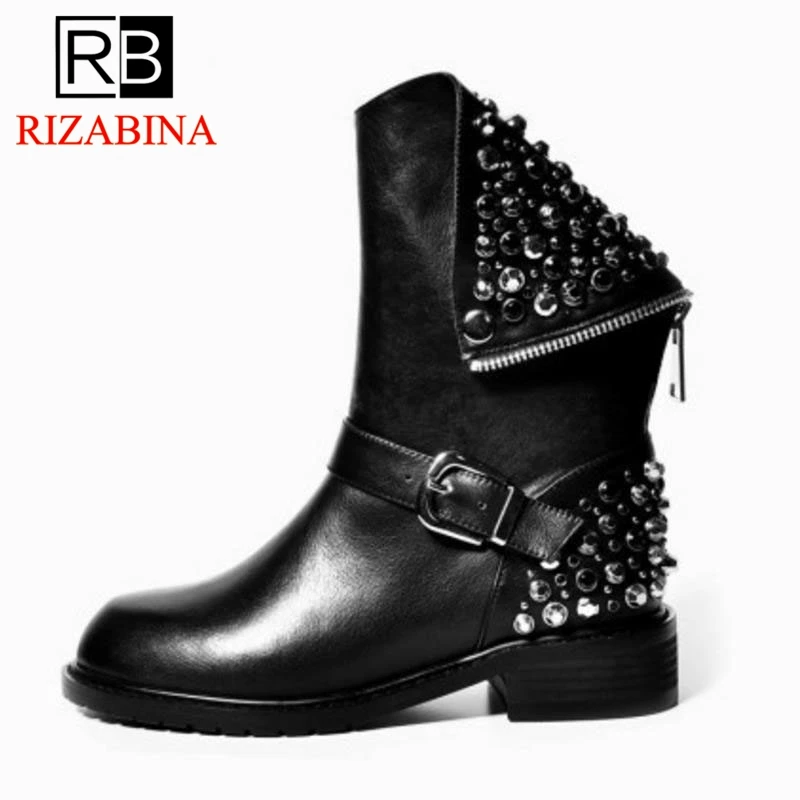 

RizaBina Genuine Leather Boots Rivet Square Heels Autumn Winter Ankle Boots Sexy Martin Fur Snow Boots Shoes Woman Size34-43