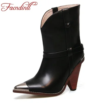 

FACNDINLL new autumn winter ankle boots genuine leather sexy pointed toe shoes woman dress party riding boots for women size 43