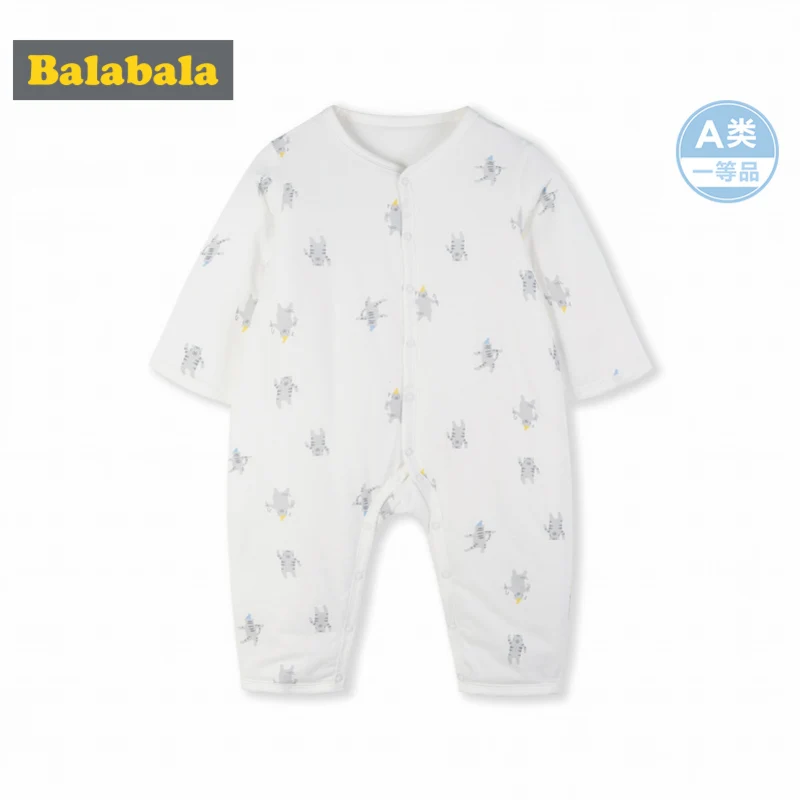 

Balabala Infant Baby Boy Girl Winter 100% Cotton Print Jumpsuit with Ribbed Crewneck Newborn Baby Jumpsuit Front Snap Closure