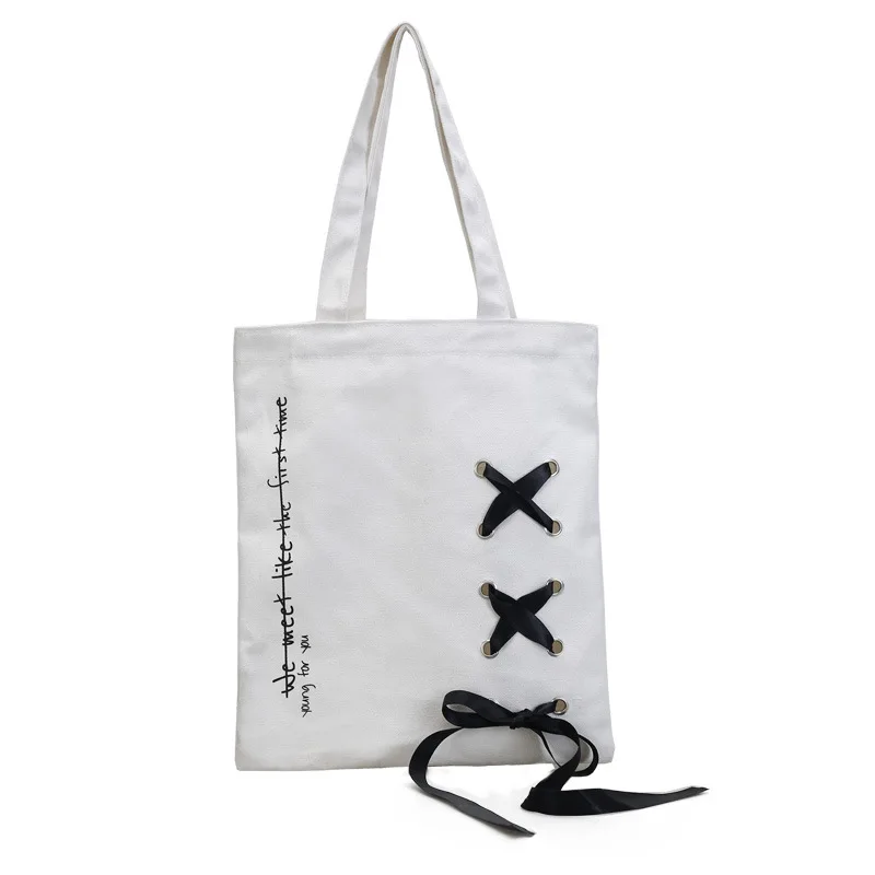 

Miyahouse Bow Canvas Female Handbag Simple Style Women Shopping Bag With Letter Drawstring Design Lady Beach Bag