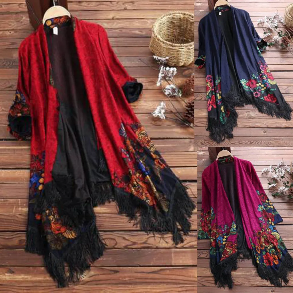 Bohenmian tassel coat Women Ethnic Floral Tassel Cardigan Coat Ladies