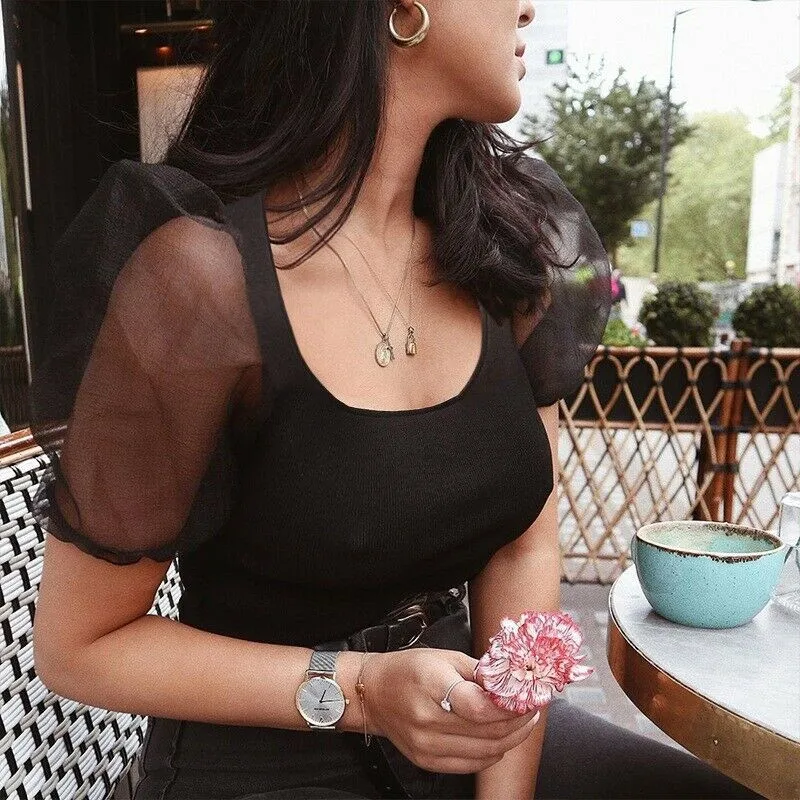 

2019 New Women Mesh Puff Sleeve T Shirts Sexy Pink Black Ladies Skinny Milk-maid Crop Tops Fashion Femme Skinny Tees Clothes
