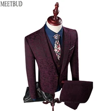 MEETBUD Brand men suit wedding business casual slim fit party groom host wine red color jacquard