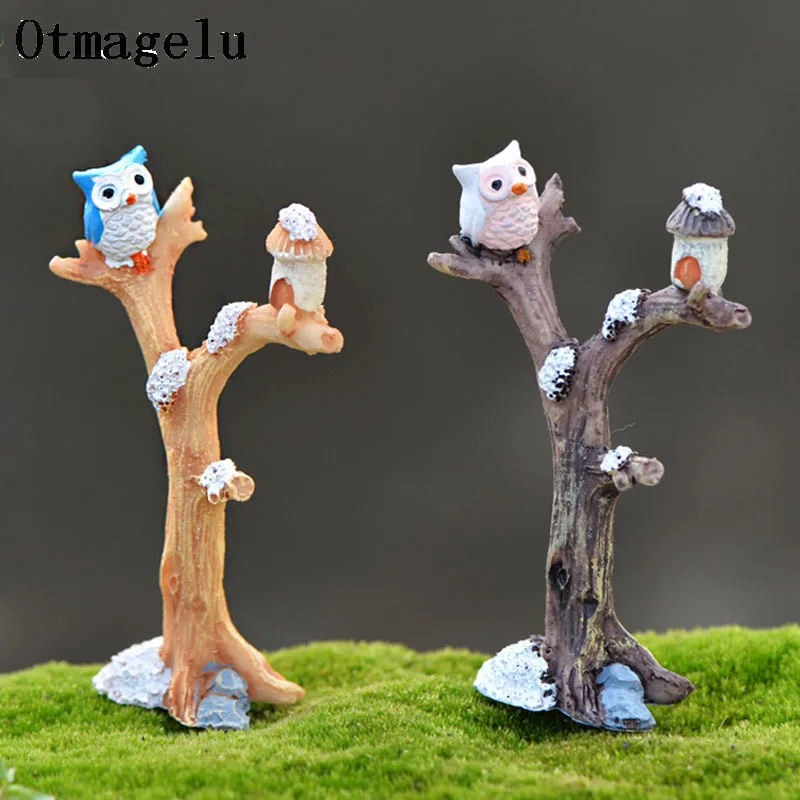 Artificial Owl With Tree Figurines Miniatures Birds Ornament Fairy Garden Gnome Statue Resin Crafts Landscape Home Decorations2