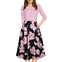 Розовый и черный, синий лоскутное с цветочным принтом рукавом Вечерние для женщин платья для осень 2019 г. V образным вырезом модн