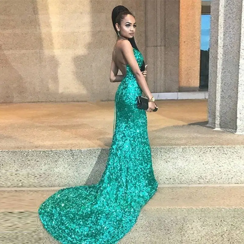 2019 New Elegant Green Sequins Off Shoulder Sexy Backless Mermaid Evening dress Long robe de soiree