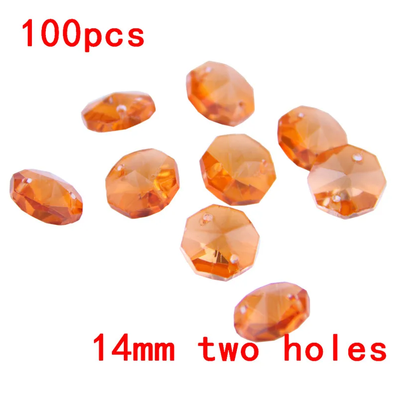 Hot 100pcs Orange Red Crystal Octagon Glass Loose Beads In 2 Holes