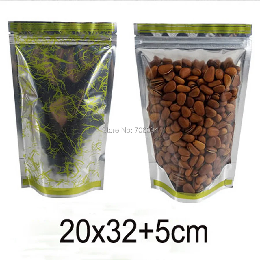 

100PCS 20*32+4cm 7.9''x12.6'' Ziplock Clear shiny silver Aluminum foil bag Standup Plastic bag for gift coffee tea