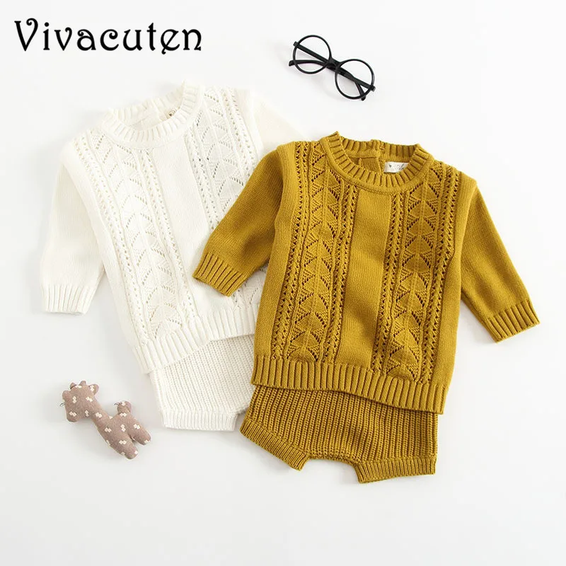 

New Baby 2pcs Set Pullover + Shorts Girls Boys Knitted Wool Clothes Suit Hollow Out Winter Newborn Toddler Longsleeve Clothes