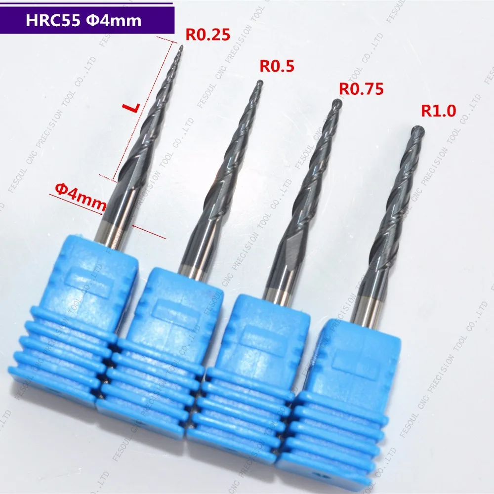 무료 배송, 4mm 생크, HRC55 솔리드 카바이드 2 플루트 TiALN 코팅 테이퍼 볼 노즈 엔드 밀, 구형 콘 비트, 목공 도구