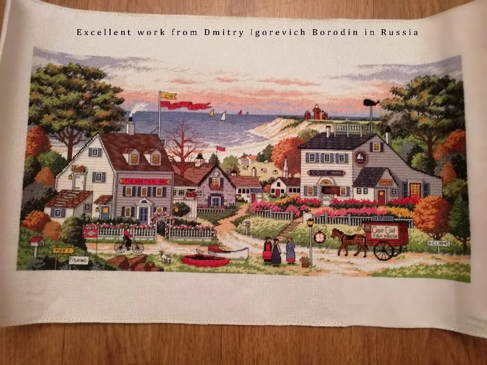 cross stitch kit cozy cove bay gulf seaside town home dimensions 03896