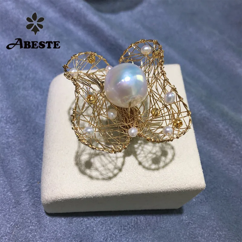 

ANI 14K Roll Gold Handmade Women Ring Natural Freshwater White Pearl oorbellen Roll Gold bague Fine Engagement Jewelry Customize