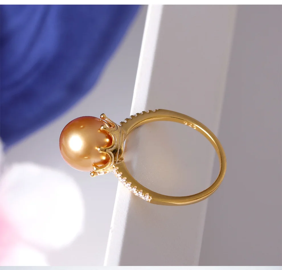 YS 925 пробы, серебряное кольцо с жемчугом и короной, 9-10 мм, натуральное культивированное золото, Южное море, серебряное кольцо с жемчугом для женщин и девушек, хорошее ювелирное изделие