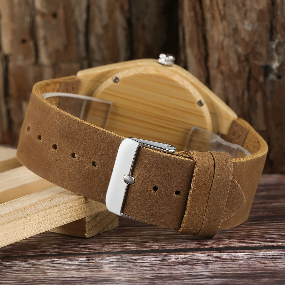Growth Ring Dial Women Bamboo Wood Watch Brown Geunine Leather Strap Men Female Wooden Quartz Watches Handmade Wood Clock Reloj (10)