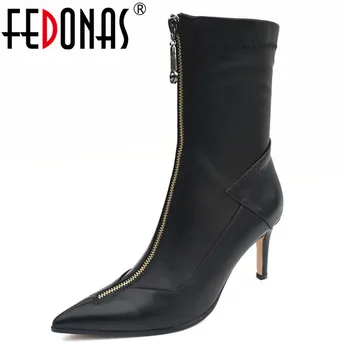 

FEDONAS 2020 Fashion Genuine Leather Women Ankle Boots Sexy Party Night Club Shoes Woman Front Zipper High Heeled Chelsea Boots