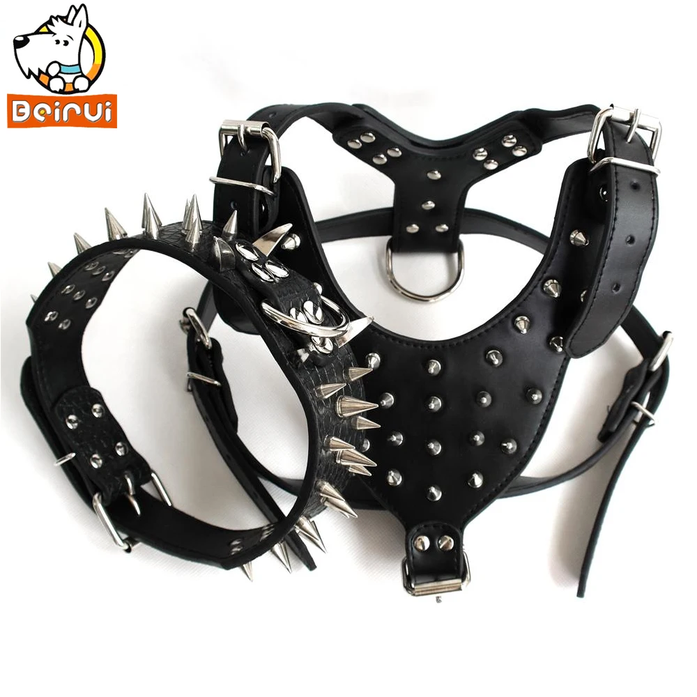 Black New Design Spiked Leather Dog Harness&collar Set For Pitbull