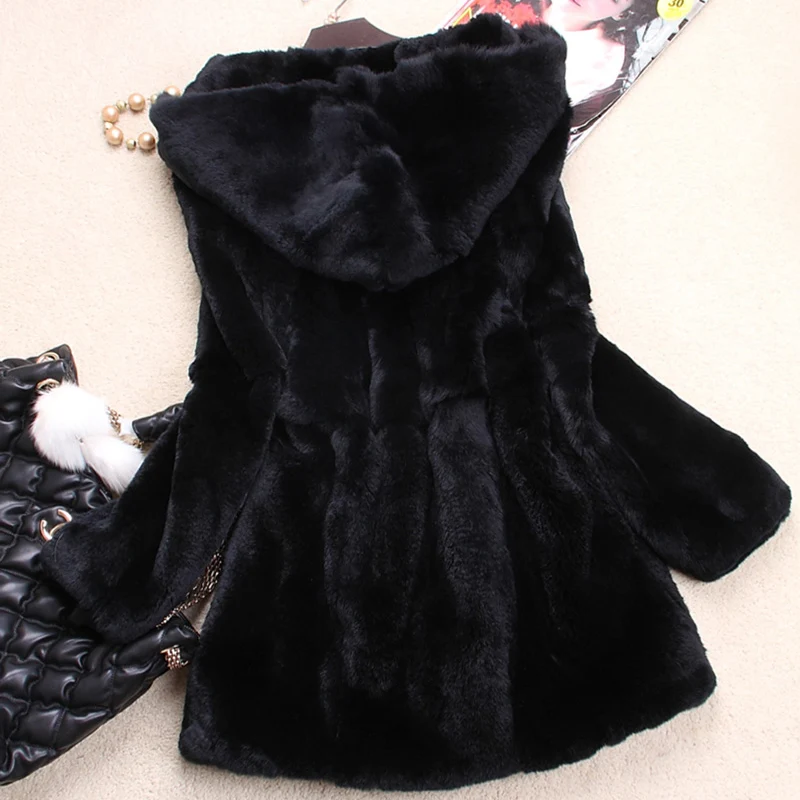 Winter Plus Size Casual Women's Faux Fur Coats Medium-long Rabbit Fur Coat and Jackets hooded For Women Winter Coats Black