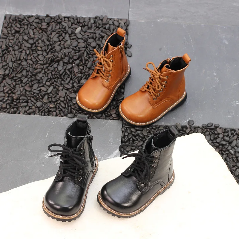 

2018 Autumn Winter boys girls genuine leather shoes Snow Waterproof Shoes Martin boots children's short cattle boots black brown
