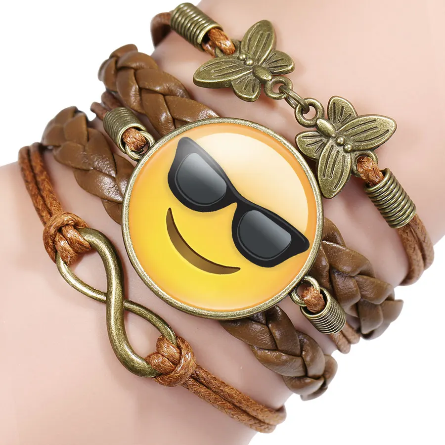 New 16 Funny Emoji Bracelets For Women Smile Glass Cabochon Bracelets Bangles Bronze Leather