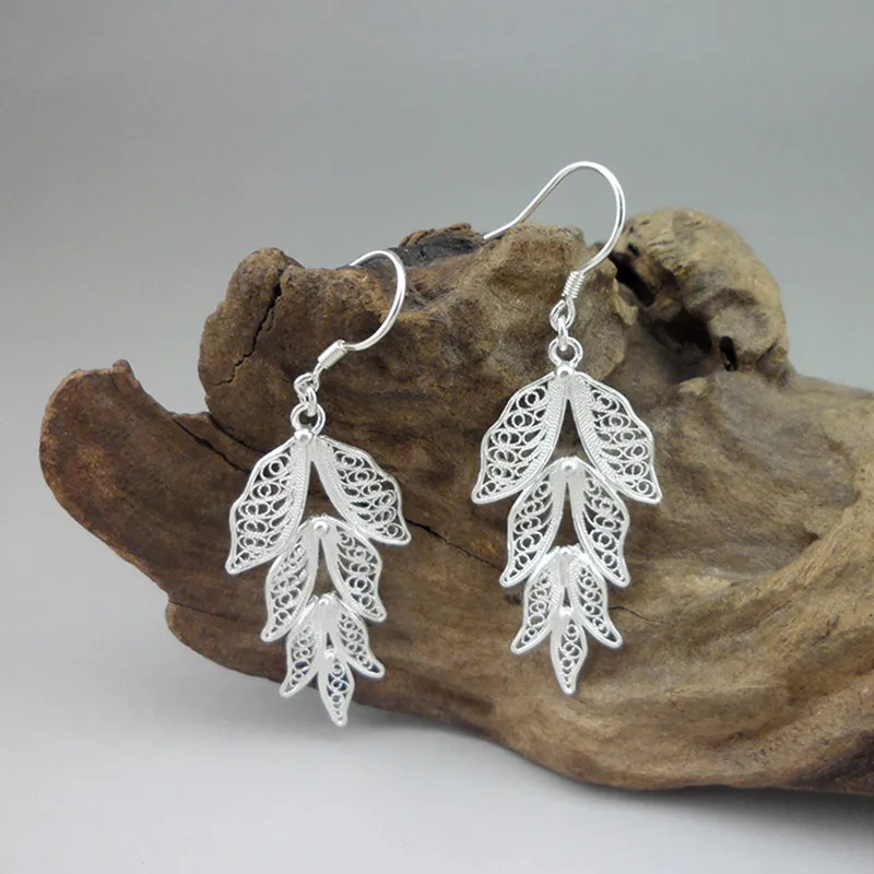 

Leaf Drop Earrings For Women 999 Sterling Silver Jewelry Korean Earings For Girls Chinese Luxury Handmade Ethnic Vintage Earing