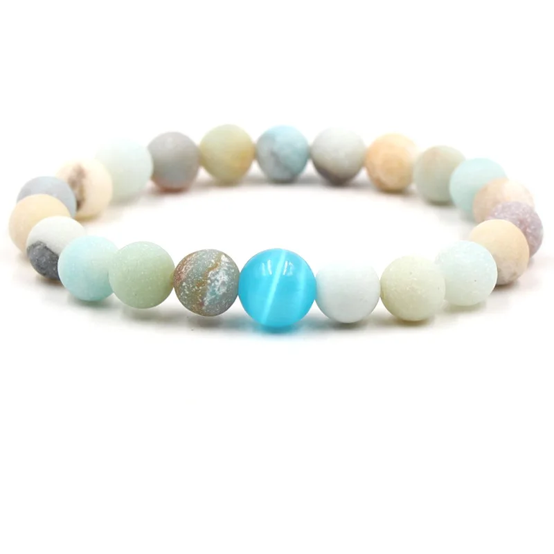 

8 Styles 8MM Matted Amazonite Stone Beaded Bracelet 10MM Cat's Eye Opal Stone Buddha Elastic Lover Bracelet Jewelry