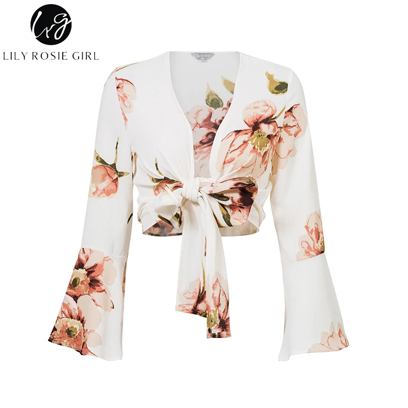 Lily Rosie Girl Bow Tie Crop Sexy Women Blouses Floral Print Long Flare Sleeve Short Shirts Boho Beach Black Shirt Ladies Blouse