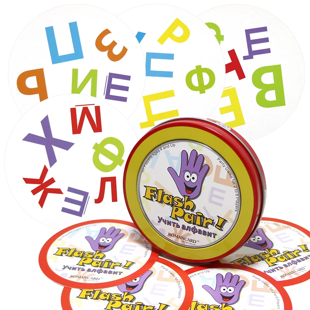 

2018 flash pair Russian alphabet card game spot with metal box enjoy it best toys for kids education board game