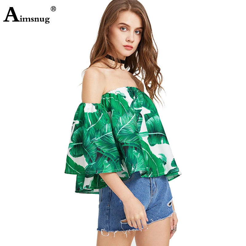 

Aimsnug Womens Fashion Ruffle Top Off Shoulder Tank Top Half Sleeve Summer Print Slash Neck Casual Loose Top Blouse
