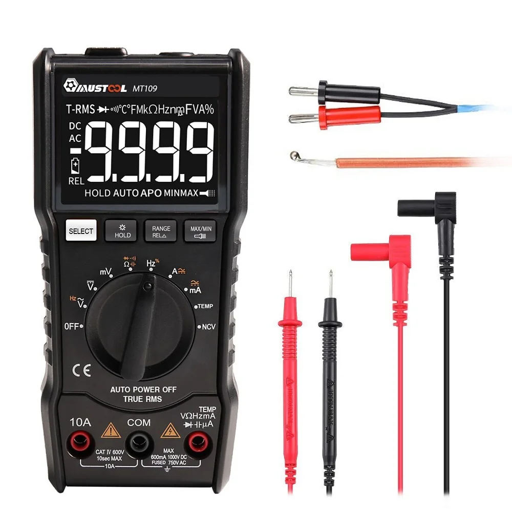 

MUSTOOL MT109 Portable 9999 Counts True RMS Multimeter AC DC Voltage Current NCV Temperature Tester