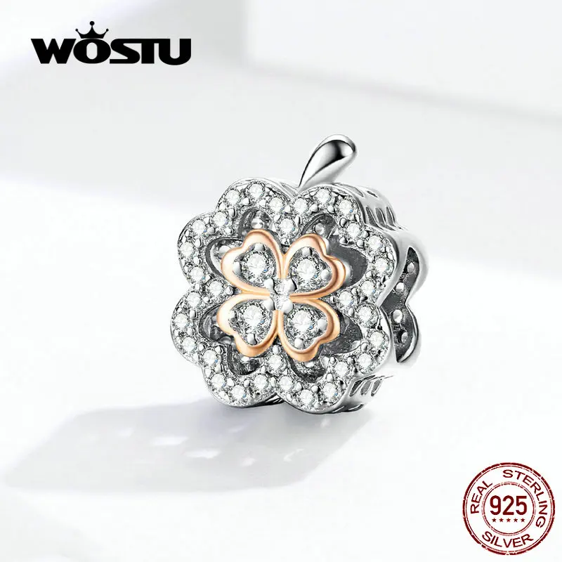 

WOSTU Authentic 925 Sterling Silver Flowers Clover Beads Clear Zircon Charm Fit Original Bracelet Bangle Wedding Jewelry FIC1247