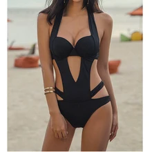 Сексуальный черный купальник с бретелькой через шею и вырезами, Женский трикини, купальник, Женский Монокини, бразильский купальник, Женская цельная одежда