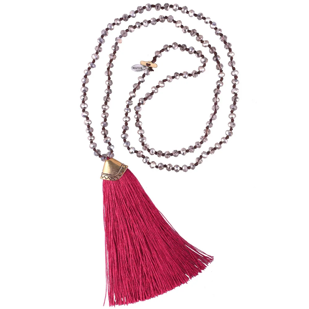 

KELITCH Bohemia Charm Pendant Necklace Hand Knotted Crystal Beads Friendship Necklace Women Ethnic Tassel Necklace