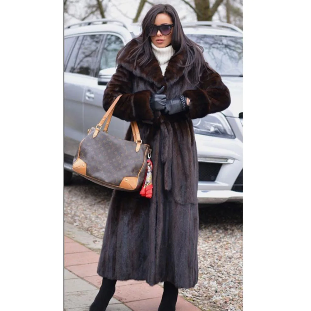 

Real Mink Fur Coats With Big Collar & Fur Belt Autumn Winter Warm Slim Full Pelt Jackets Customized Casual Style Women Overcoats