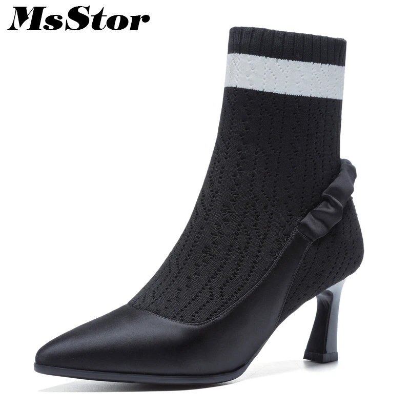 

Msstor Pointed Toe knitting Women Boots Fashion Elegant Square heel Ankle Boots Women Shoes High Heel Black Boots Shoes Woman