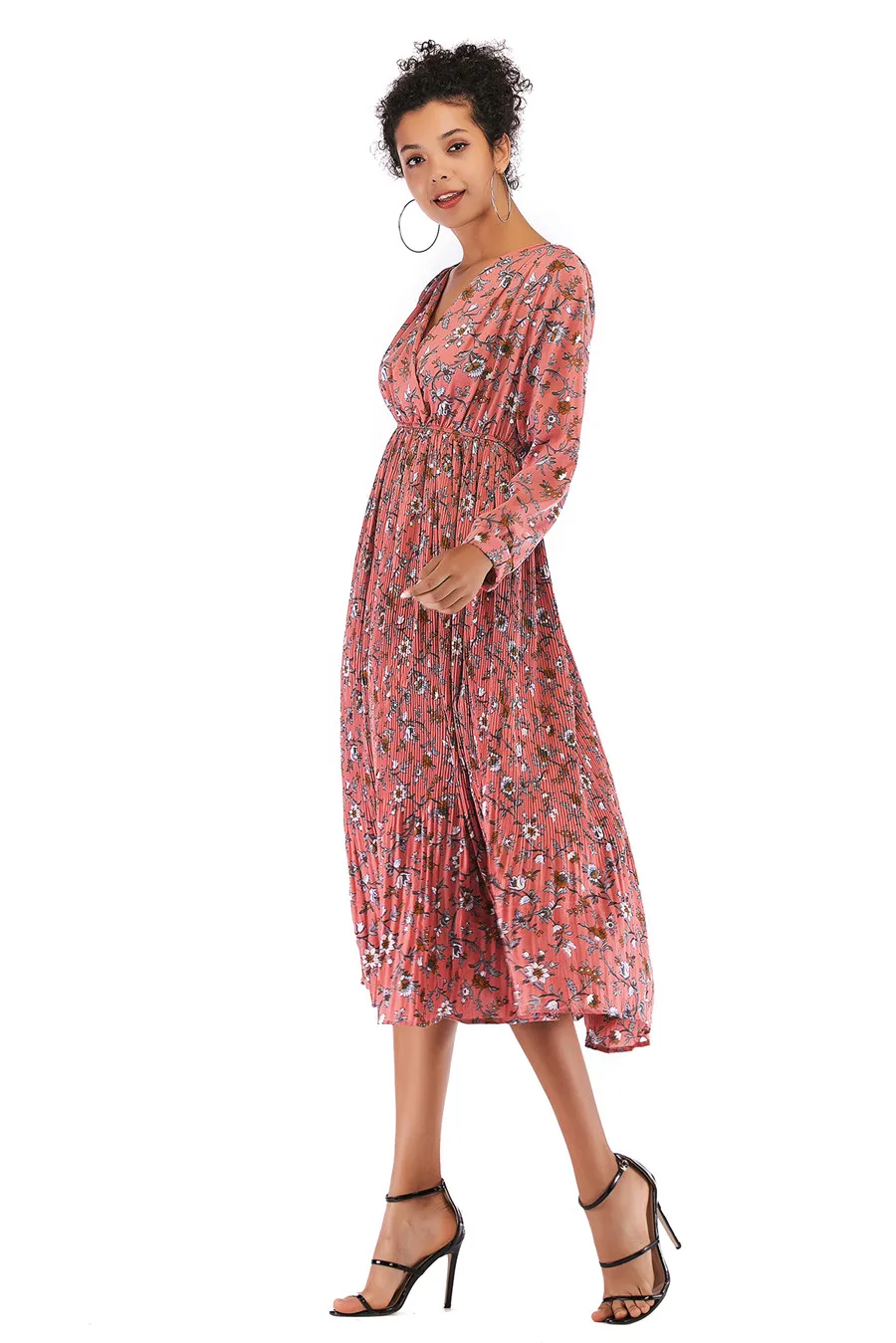 Gladiolus Hot 2018 Autumn Dress Women Long Sleeve V-Neck Sexy Floral Print Tunic Loose Midi Chiffon Dress Women Beach Sundress (30)