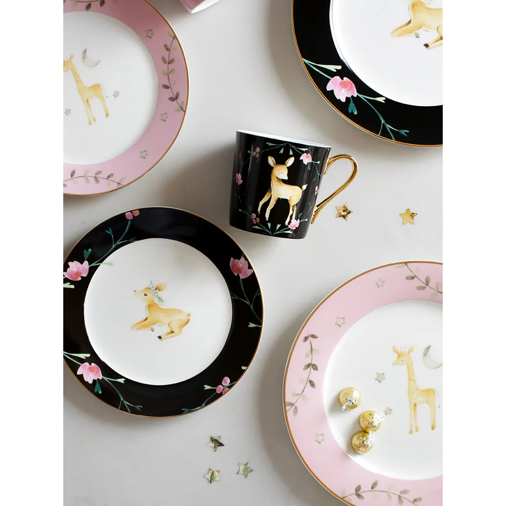 ceramic dinner plate 8inch 10 inch steak dishes and plates sets coffee mugs pink black cartoon deer on glazed printed round dish ceramic dinner plate 8inch 10 inch steak dishes and plates sets coffee mugs pink black cartoon deer on glazed printed round dish